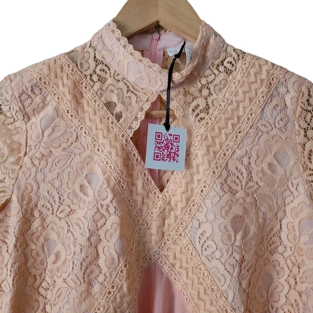 Oh Yes Flowy Lace Trim High Neck Keyhole Tunic Top Long Sleeve White New - Picture 11 of 14